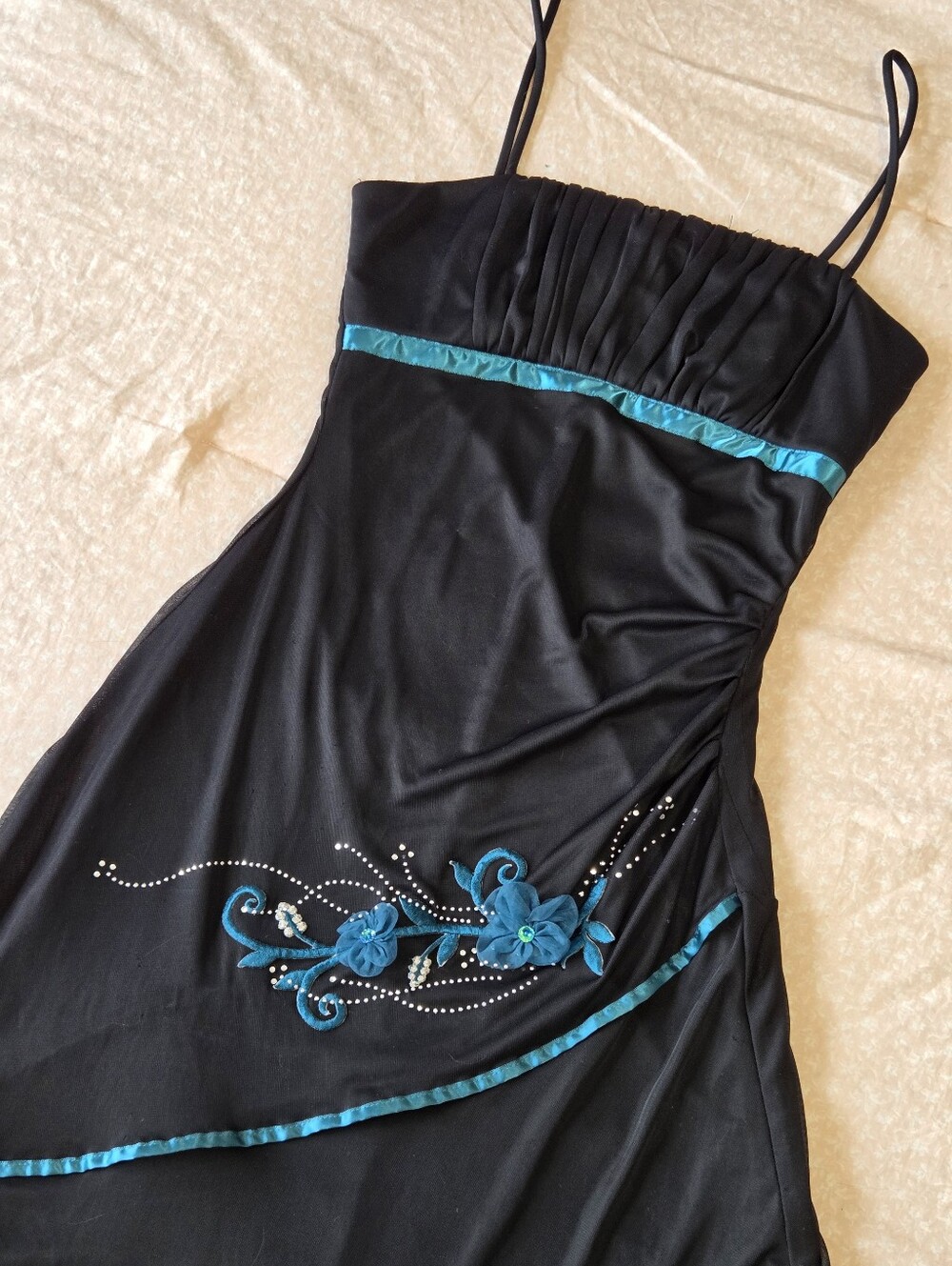 Vintage Mariposa Black Mesh Teal Midi Dress Floral Embroidery Y2K Sz M Fits S - Picture 9 of 14